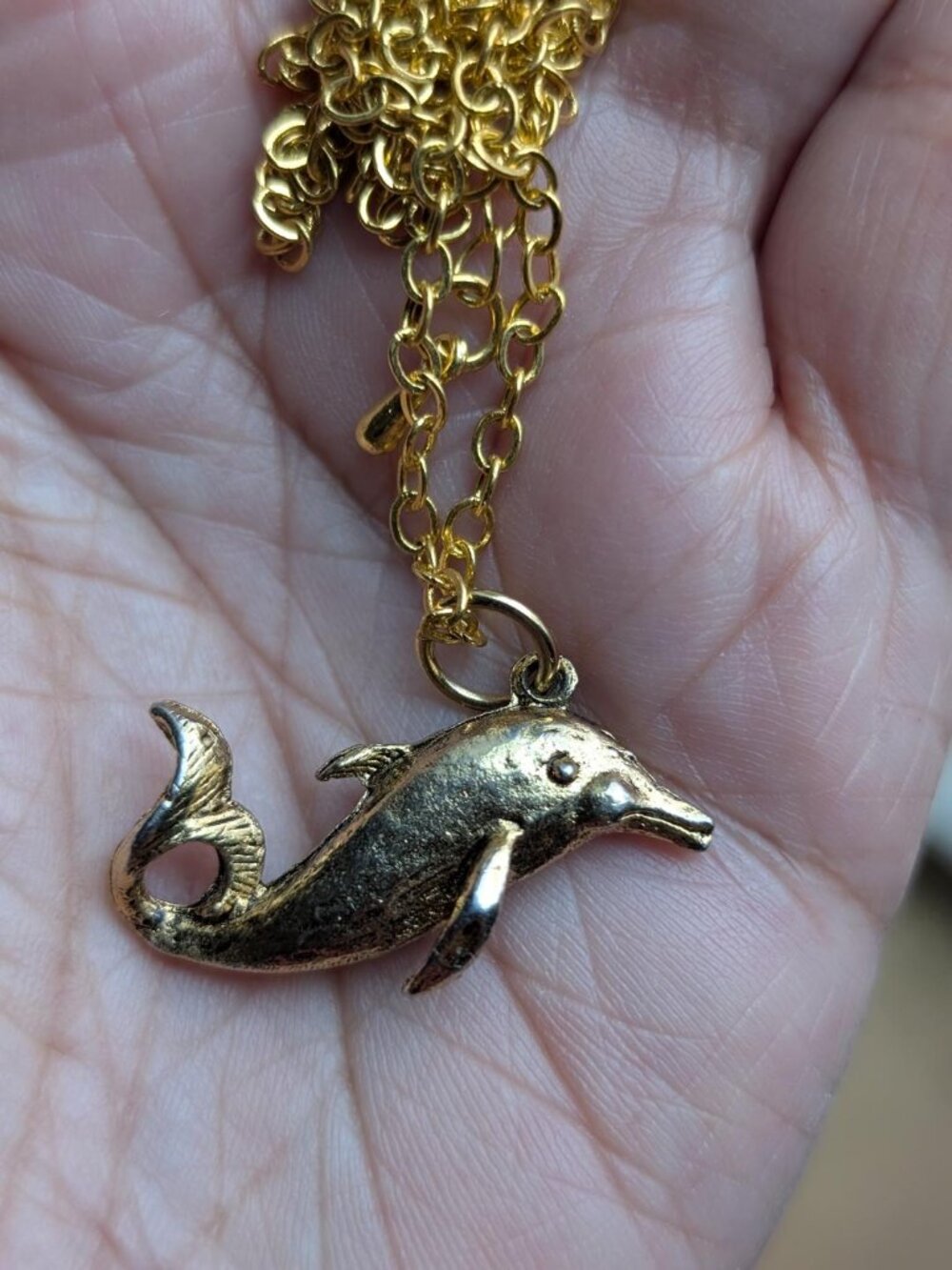 Pretty Vintage Huggie Gold Tone Dolphin Pendant Necklace
